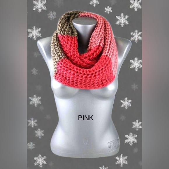 NEW Winter Knit Infinity Scarf Coral Pink Tan Striped Scarf - Picture 3 of 6